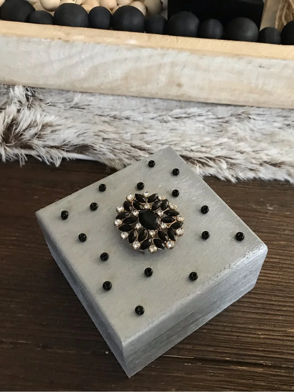 Hand crafted wooden silver trinket box with rhinestone flower lid